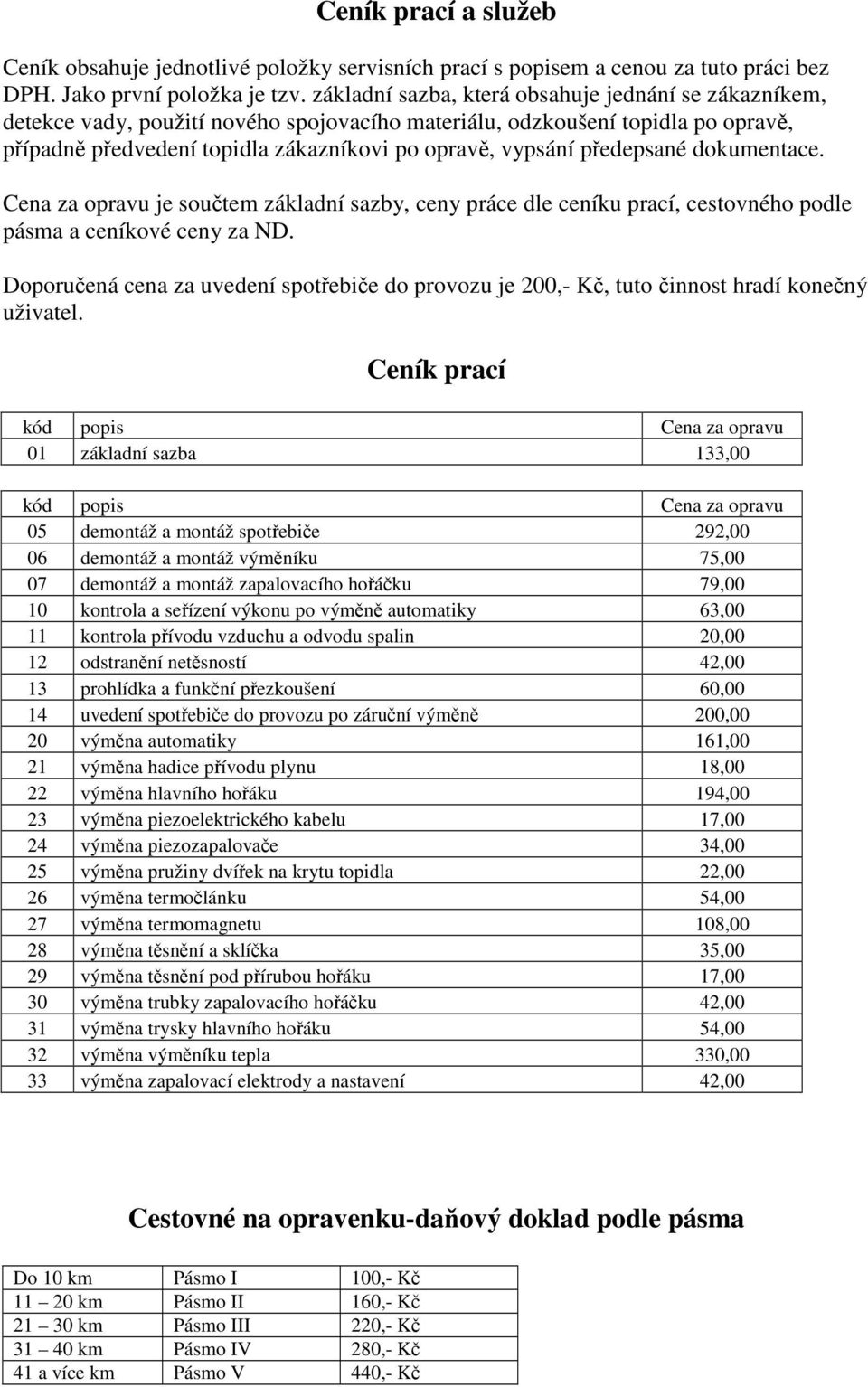 dokumentace. Cena za opravu je soutem základní sazby, ceny práce dle ceníku prací, cestovného podle pásma a ceníkové ceny za ND.
