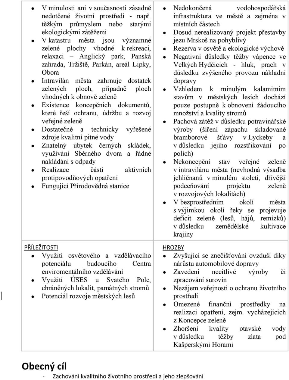 Intravilán města zahrnuje dostatek zelených ploch, případně ploch vhodných k obnově zeleně Existence koncepčních dokumentů, které řeší ochranu, údržbu a rozvoj veřejné zeleně Dostatečné a technicky