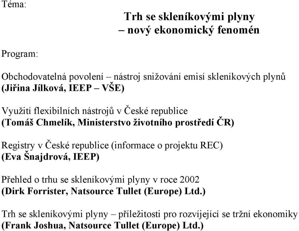 České republice (informace o projektu REC) (Eva Šnajdrová, IEEP) Přehled o trhu se skleníkovými plyny v roce 2002 (Dirk Forrister,