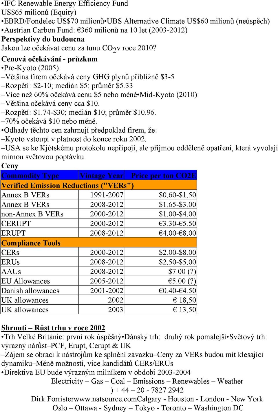 Cenová očekávání - průzkum Pre-Kyoto (2005): Většina firem očekává ceny GHG plynů přibližně $3-5 Rozpětí: $2-10; medián $5; průměr $5.