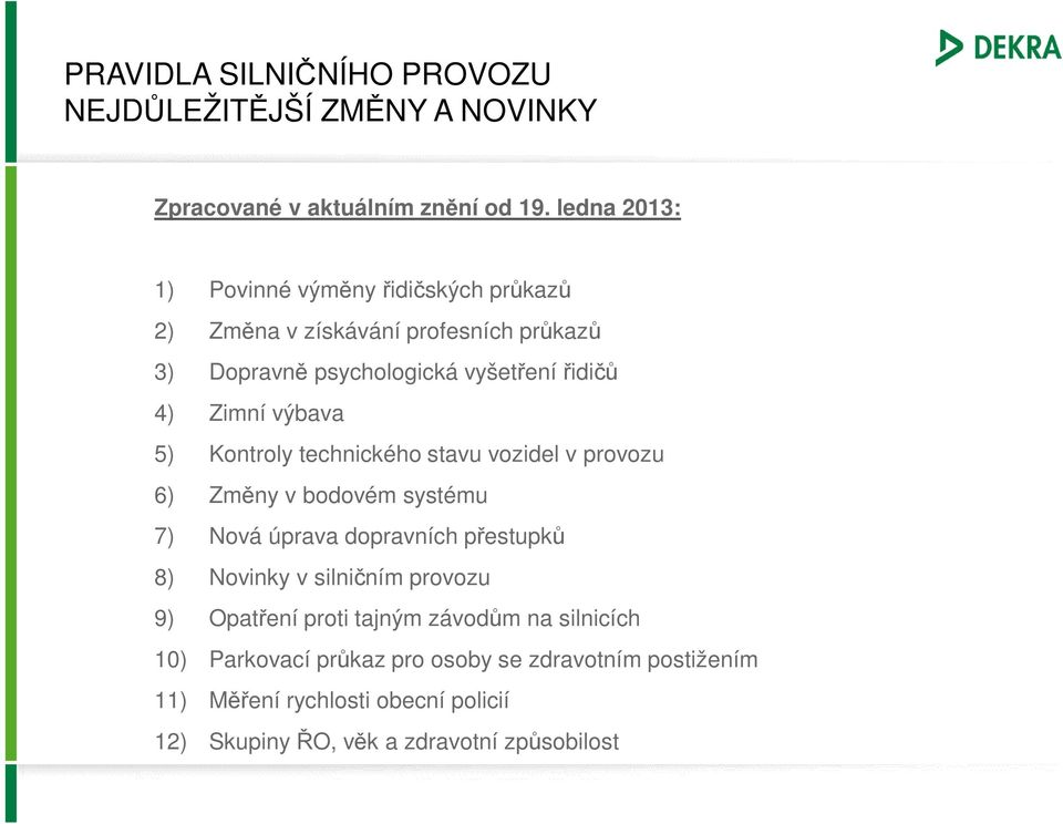 řidičů 4) Zimní výbava 5) Kontroly technického stavu vozidel v provozu 6) Změny v bodovém systému 7) Nová úprava dopravních