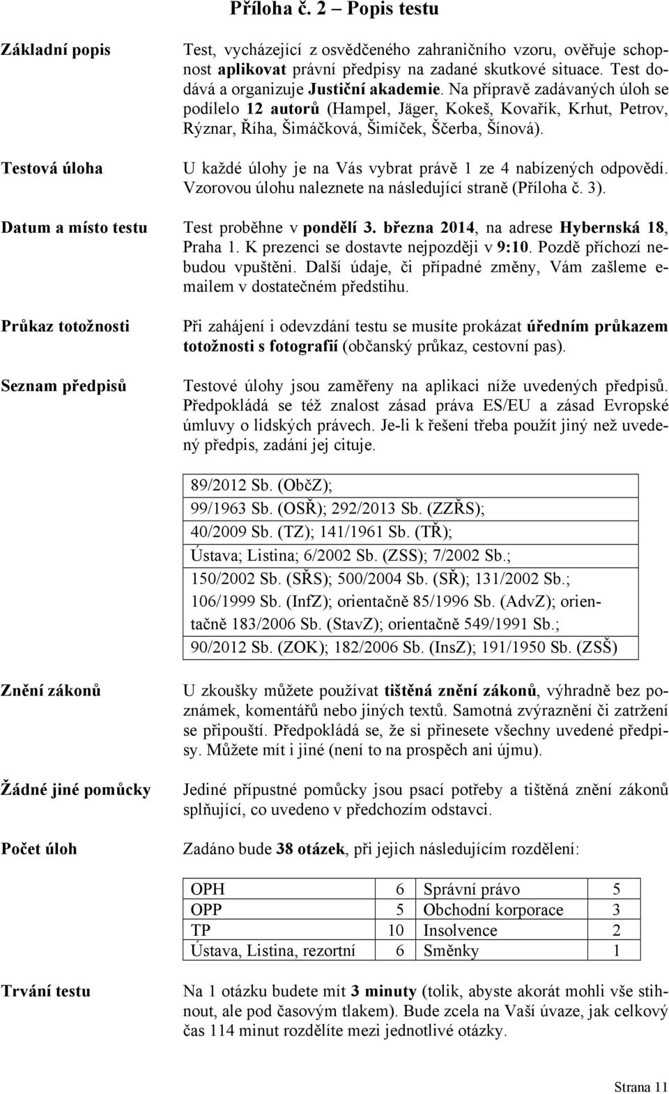 U každé úlohy je na Vás vybrat právě 1 ze 4 nabízených odpovědí. Vzorovou úlohu naleznete na následující straně (Příloha č. 3). Datum a místo testu Test proběhne v pondělí 3.