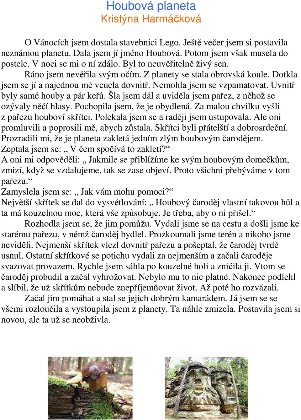 Uvnitř byly samé houby a pár keřů. Šla jsem dál a uviděla jsem pařez, z něhož se ozývaly něčí hlasy. Pochopila jsem, že je obydlená. Za malou chvilku vyšli z pařezu houboví skřítci.