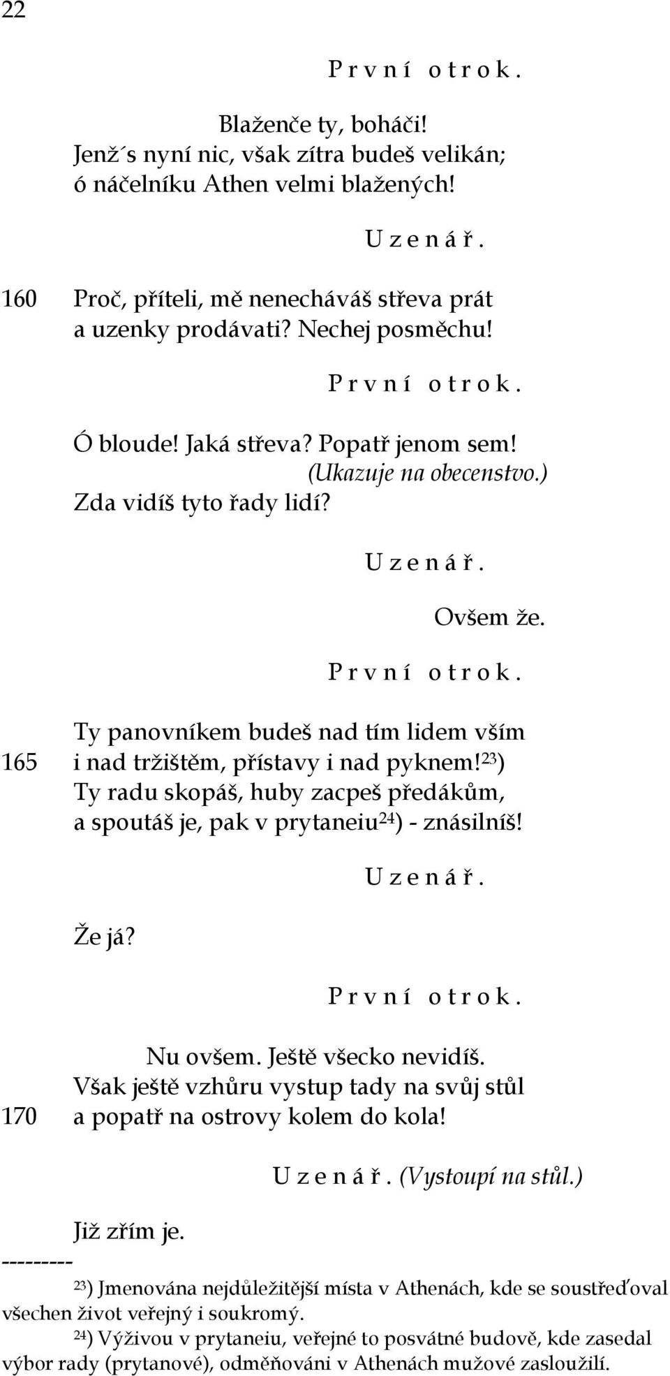 23 ) Ty radu skopáš, huby zacpeš předákům, a spoutáš je, pak v prytaneiu 24 ) - znásilníš! Že já? Nu ovšem. Ještě všecko nevidíš.