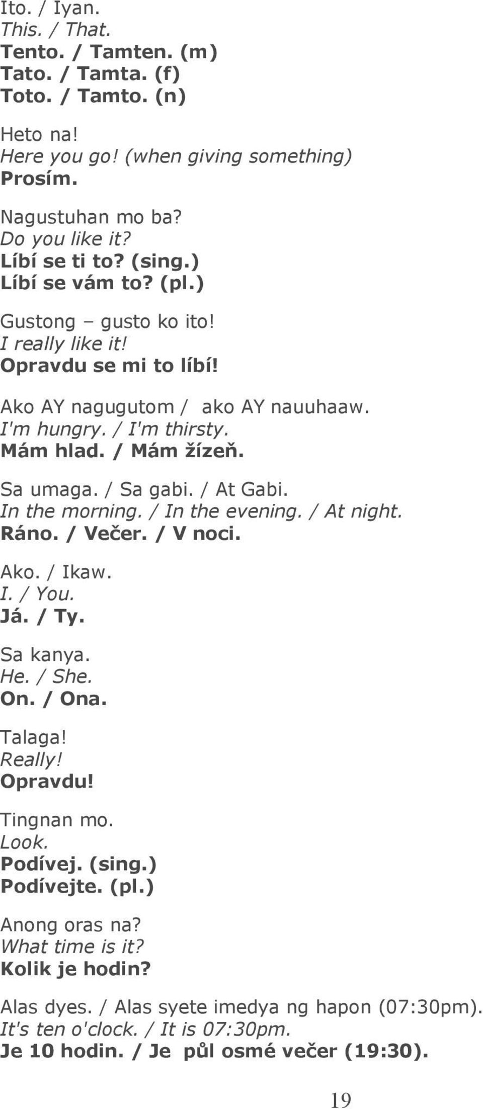 / At Gabi. In the morning. / In the evening. / At night. Ráno. / Večer. / V noci. Ako. / Ikaw. I. / You. Já. / Ty. Sa kanya. He. / She. On. / Ona. Talaga! Really! Opravdu! Tingnan mo. Look. Podívej.