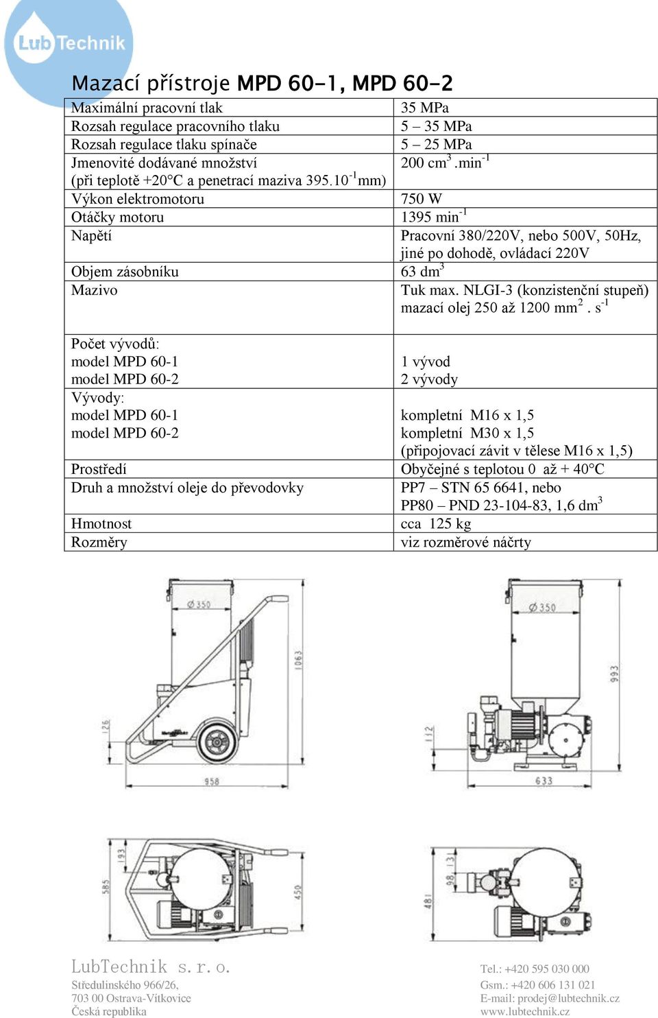 10-1 mm) Výkon elektromotoru 750 W Otáčky motoru 1395 min -1 Napětí Pracovní 380/220V, nebo 500V, 50Hz, jiné po dohodě, ovládací 220V Objem zásobníku 63 dm 3 Mazivo Tuk max.
