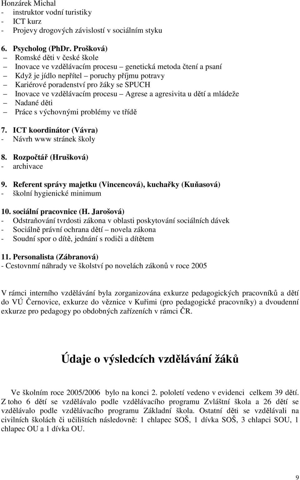 vzdělávacím procesu Agrese a agresivita u dětí a mládeže Nadané děti Práce s výchovnými problémy ve třídě 7. ICT koordinátor (Vávra) - Návrh www stránek školy 8. Rozpočtář (Hrušková) - archivace 9.