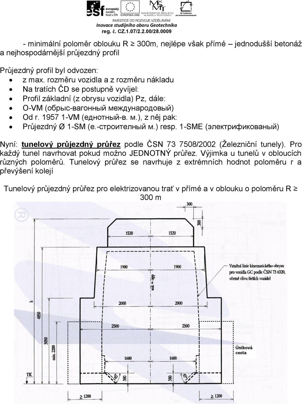 -cтроителный м.) resp. 1-SME (электрификованый) Nyní: tunelový průjezdný průřez podle ČSN 73 7508/2002 (Železniční tunely). Pro každý tunel navrhovat pokud možno JEDNOTNÝ průřez.