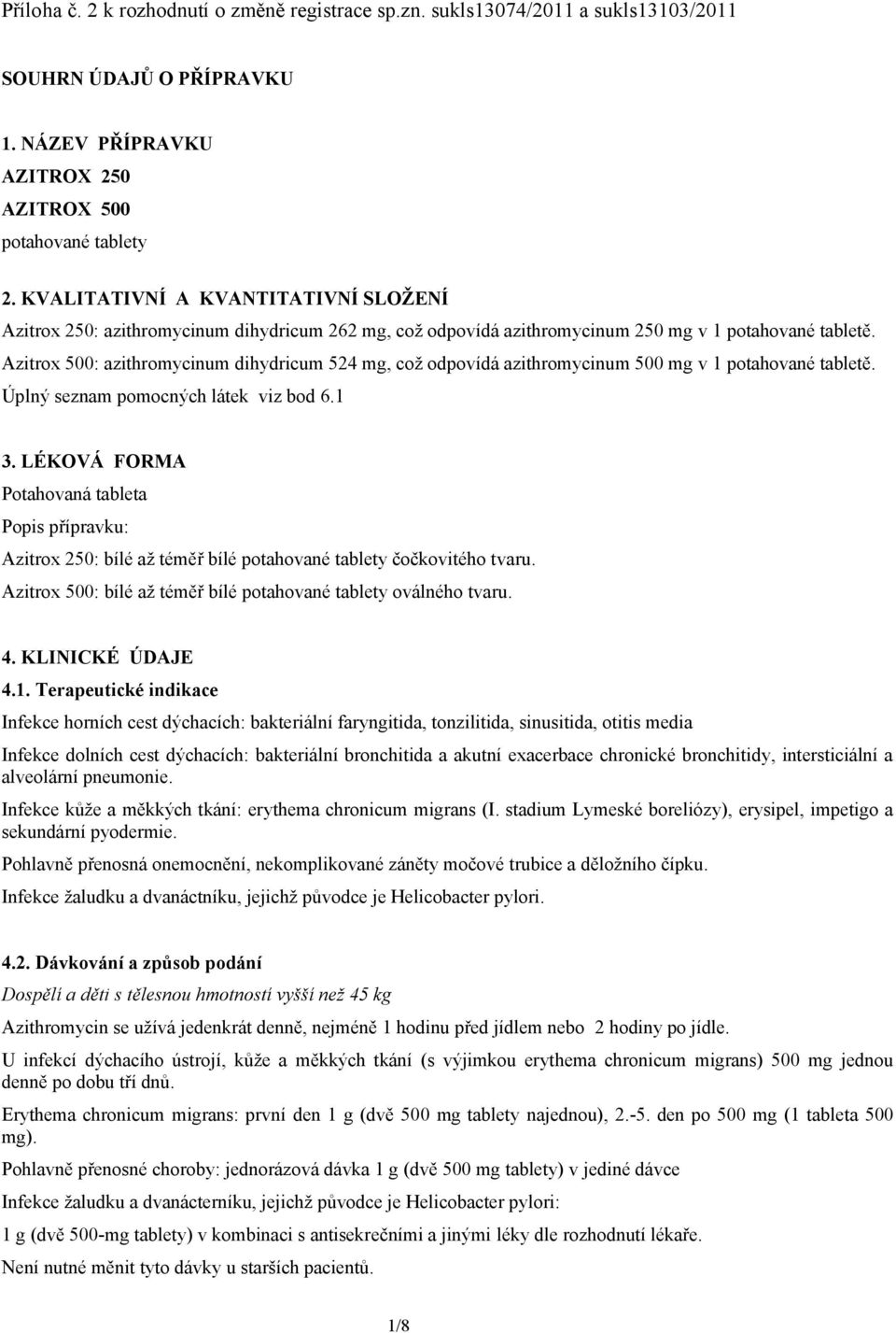 Azitrox 500: azithromycinum dihydricum 524 mg, což odpovídá azithromycinum 500 mg v 1 potahované tabletě. Úplný seznam pomocných látek viz bod 6.1 3.