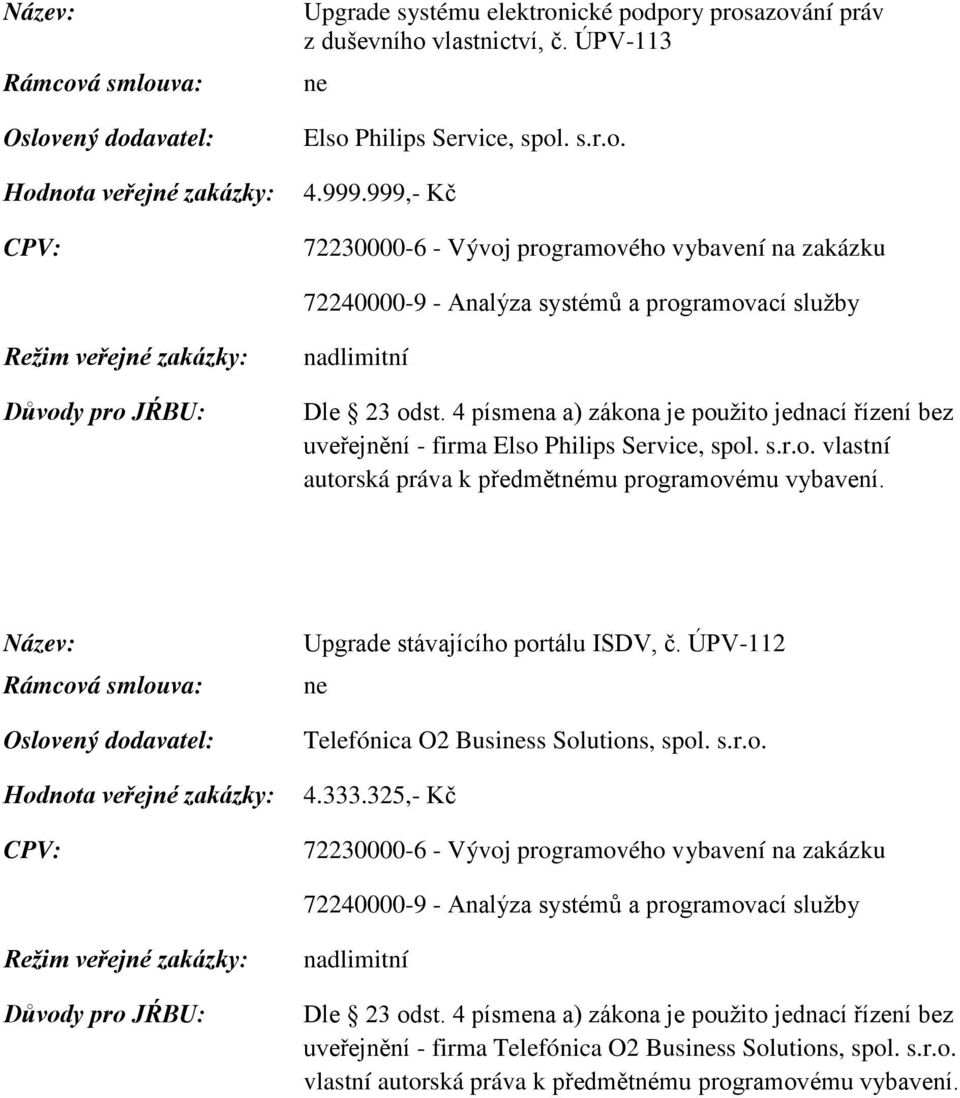 999,- Kč nadlimitní uveřejnění - firma Elso Philips Service, spol. s.r.o. vlastní autorská práva k předmětnému programovému vybavení.