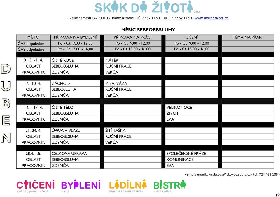 17. 4. ČISTÉ TĚLO VELIKONOCE OBLAST SEBEOBSLUHA ŽIVOT PRACOVNÍK ZDENČA EVA 21.-24. 4. ÚPRAVA VLASU ŠITÍ TAŠKA OBLAST SEBEOBLSUHA RUČNÍ PRÁCE PRACOVNÍK ZDENČA VERČA 28.