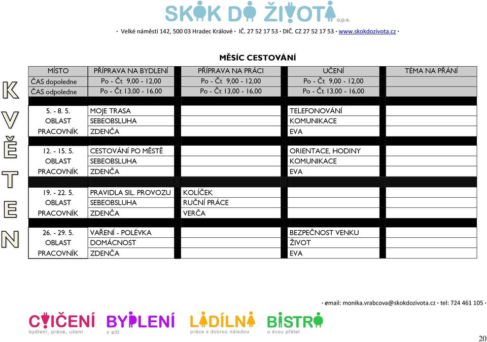 - 8. 5. MOJE TRASA TELEFONOVÁNÍ OBLAST SEBEOBSLUHA KOMUNIKACE PRACOVNÍK ZDENČA EVA 12. - 15. 5. CESTOVÁNÍ PO MĚSTĚ ORIENTACE, HODINY OBLAST SEBEOBSLUHA KOMUNIKACE PRACOVNÍK ZDENČA EVA 19.