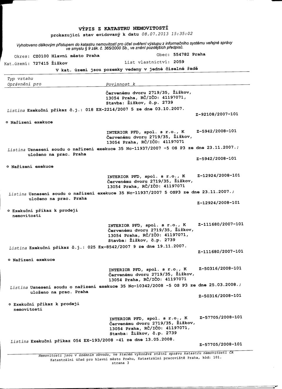 11.2007.; Z-12924/2008-101, Listina Exekucni pfikaz c. j. : 025 Ex-8542/2007 9 ze dne 19.11.2007. Z-111680/2007-101 Z-111680/2007-101 Z-50316/2008-101 Listina Usneseni soudu o nafizeni 35 Nc-10342/2008-5 OS P3 ze dne 25.