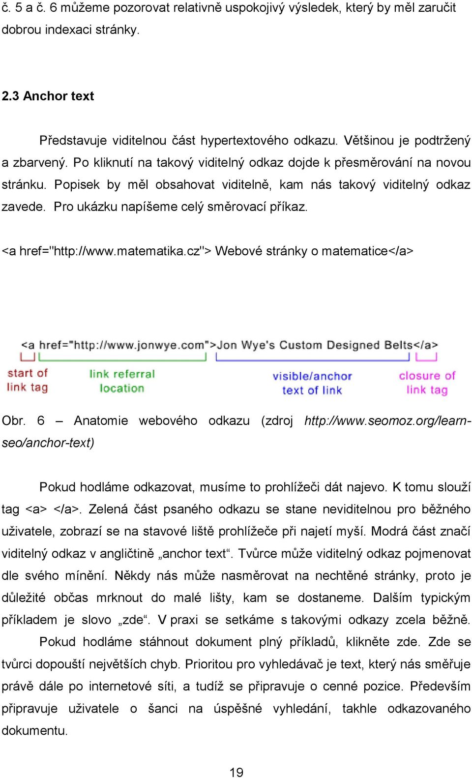 Pro ukázku napíšeme celý směrovací příkaz. <a href="http://www.matematika.cz"> Webové stránky o matematice</a> Obr. 6 Anatomie webového odkazu (zdroj http://www.seomoz.