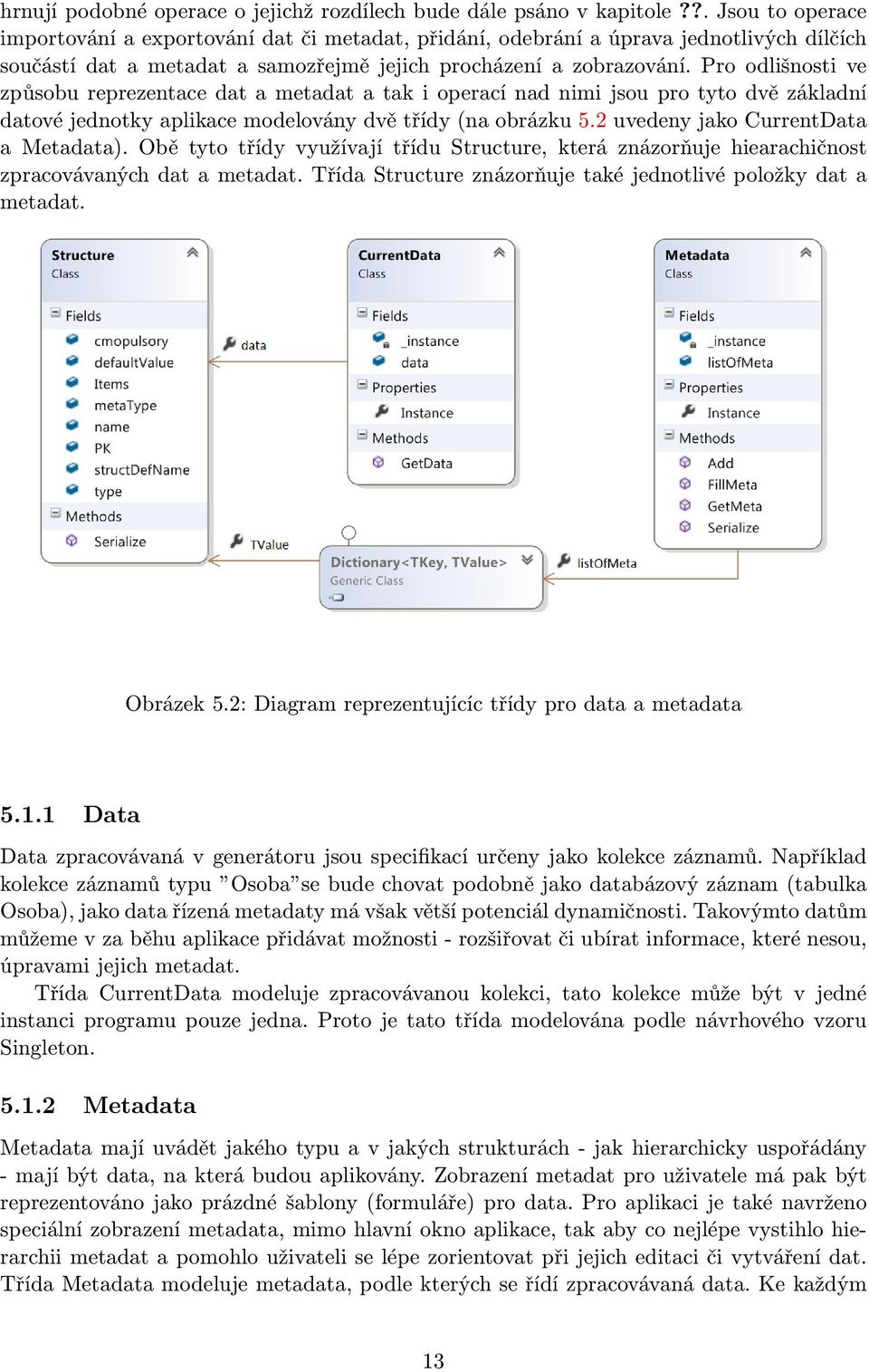 Pro odlišnosti ve způsobu reprezentace dat a metadat a tak i operací nad nimi jsou pro tyto dvě základní datové jednotky aplikace modelovány dvě třídy (na obrázku 5.