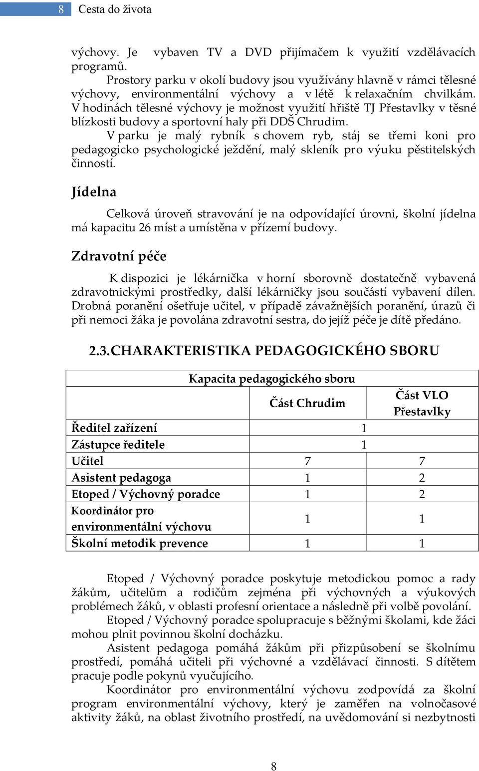 V hodin{ch tělesné výchovy je možnost využití hřiště TJ Přestavlky v těsné blízkosti budovy a sportovní haly při DDŠ Chrudim.