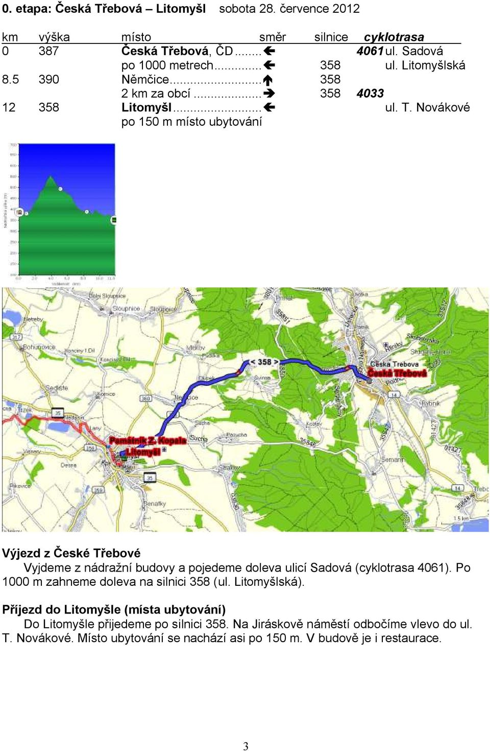 Novákové po 150 m místo ubytování Výjezd z České Třebové Vyjdeme z nádražní budovy a pojedeme doleva ulicí Sadová (cyklotrasa 4061).