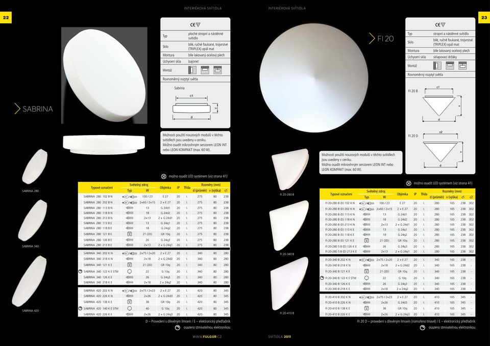 Sabrina c1 FI 20 B SABRINA d v Možnosti použití nouzových modulů v těchto svítidlech jsou uvedeny v ceníku. Možno osadit mikrovlnným senzorem LEON INT nebo LEON KOMPAKT (max. 60 ).