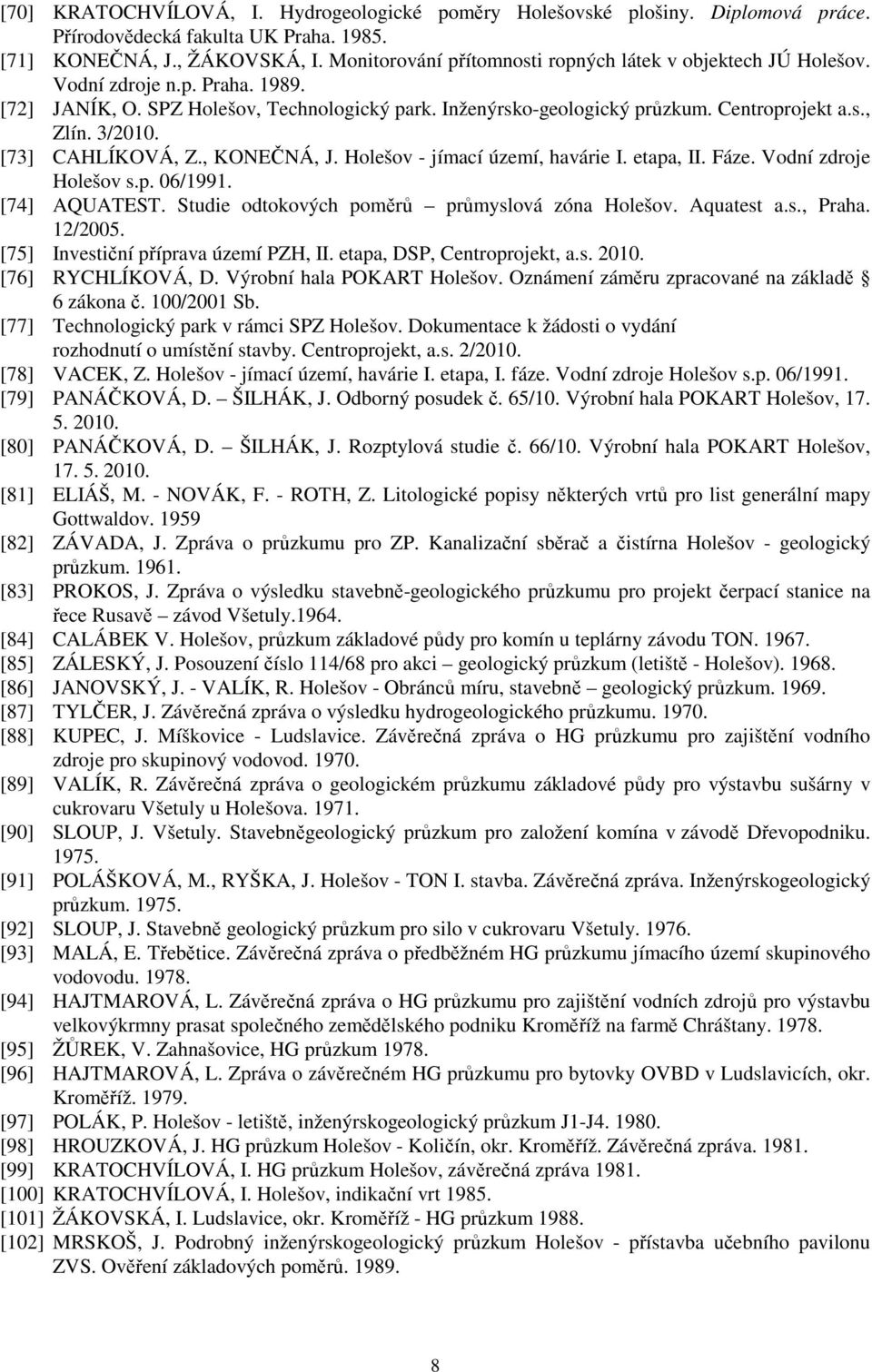 3/2010. [73] CAHLÍKOVÁ, Z., KONEČNÁ, J. Holešov - jímací území, havárie I. etapa, II. Fáze. Vodní zdroje Holešov s.p. 06/1991. [74] AQUATEST. Studie odtokových poměrů průmyslová zóna Holešov.