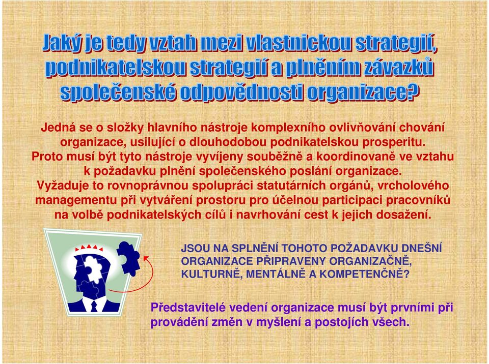 Vyžaduje to rovnoprávnou spolupráci statutárních orgánů, vrcholového managementu při vytváření prostoru pro účelnou participaci pracovníků na volbě podnikatelských