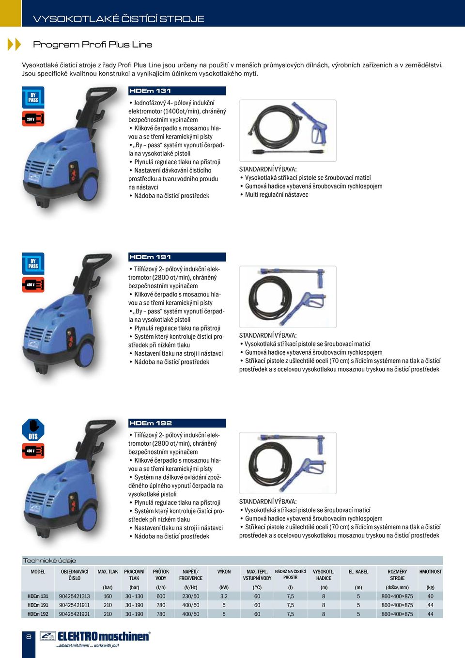 HDEm 131 Jednofázový 4- pólový indukční elektromotor (1400ot/min), chráněný bezpečnostním vypínačem Klikové čerpadlo s mosaznou hlavou a se třemi keramickými písty,,by pass systém vypnutí čerpadla na