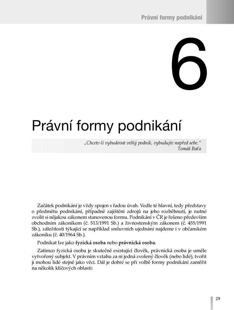 Podnikání v ČR je řešeno především obchodním zákoníkem (č. 513/1991 Sb.) a živnostenským zákonem (č. 455/1991 Sb.