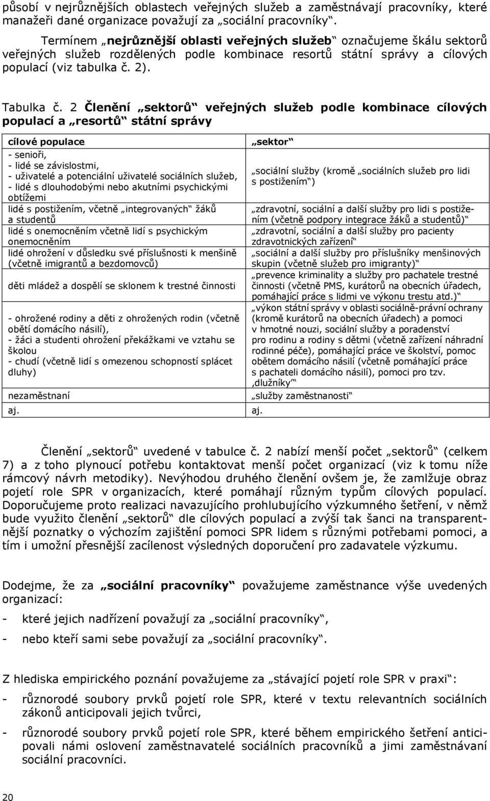 2 Členění sektorů veřejných sluţeb podle kombinace cílových populací a resortů státní správy cílové populace - senioři, - lidé se závislostmi, - uţivatelé a potenciální uţivatelé sociálních sluţeb, -