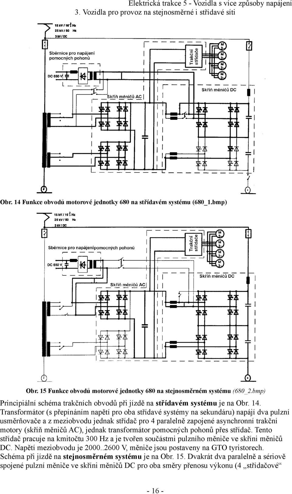 Transformátor (s přepínáním napětí pro oba střídavé systémy na sekundáru) napájí dva pulzní usměrňovače a z meziobvodu jednak střídač pro 4 paralelně zapojené asynchronní trakční motory (skříň měničů