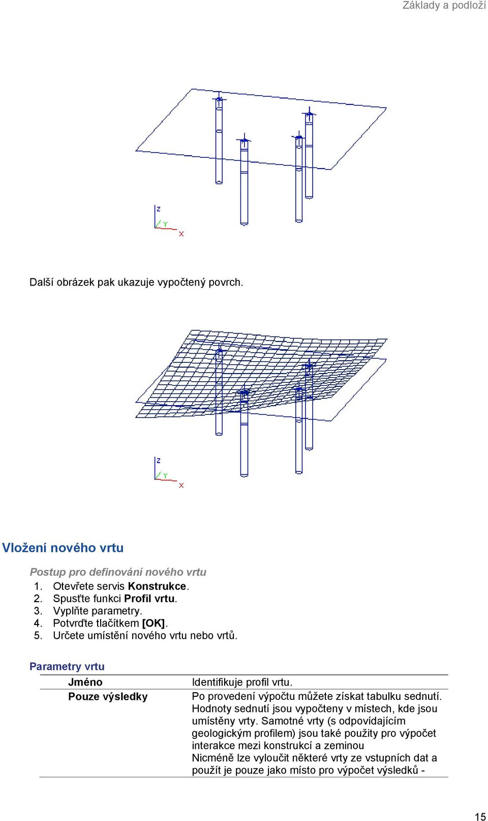 Parametry vrtu Jméno Pouze výsledky Identifikuje profil vrtu. Po provedení výpočtu můžete získat tabulku sednutí.