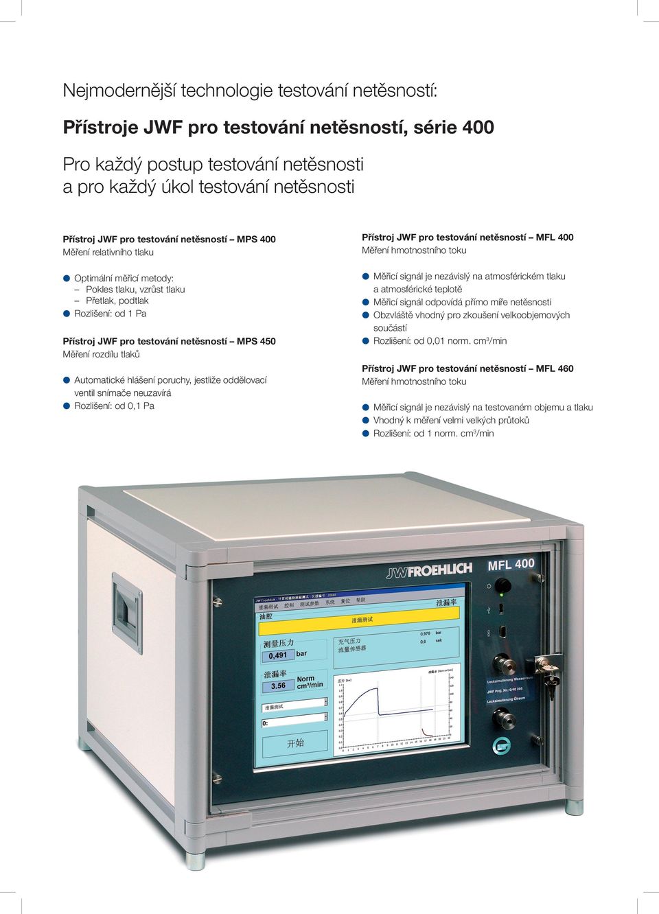 Rozlišení: od 1 Pa Měřicí signál je nezávislý na atmosférickém tlaku a atmosférické teplotě Měřicí signál odpovídá přímo míře netěsnosti Obzvláště vhodný pro zkoušení velkoobjemových součástí