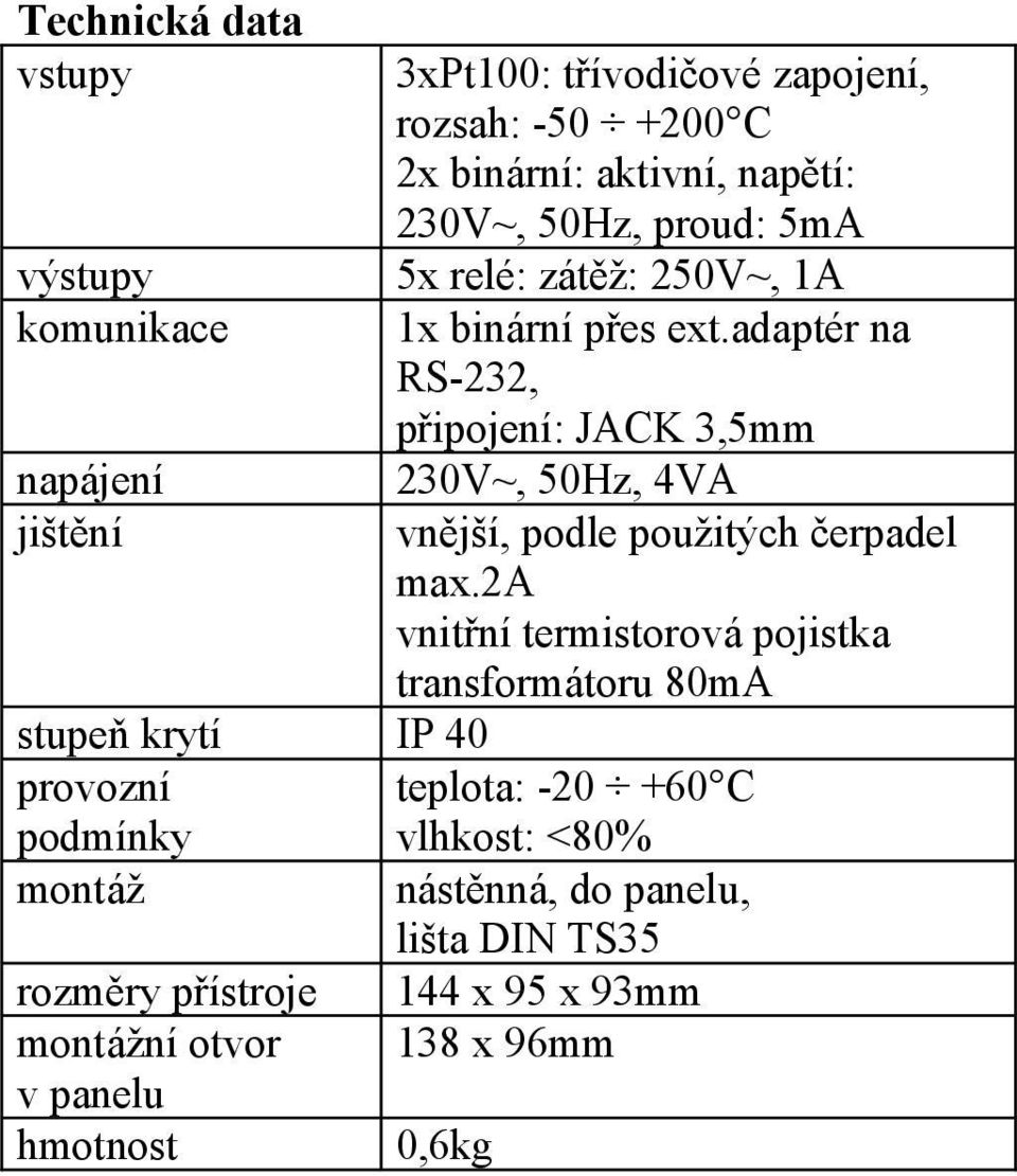 adaptér na RS-232, připojení: JACK 3,5mm 230V~, 50Hz, 4VA vnější, podle použitých čerpadel max.