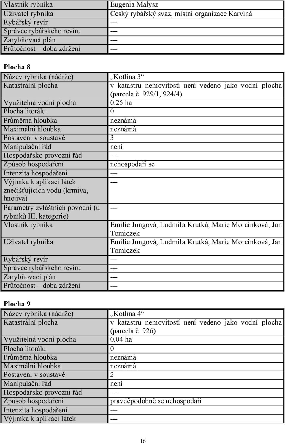 929/1, 924/4) Využitelná vodní plocha 0,25 ha Plocha litorálu 0 Průměrná hloubka neznámá Maximální hloubka neznámá Postavení v soustavě 3 Manipulační řád není Hospodářsko provozní řád --- Způsob