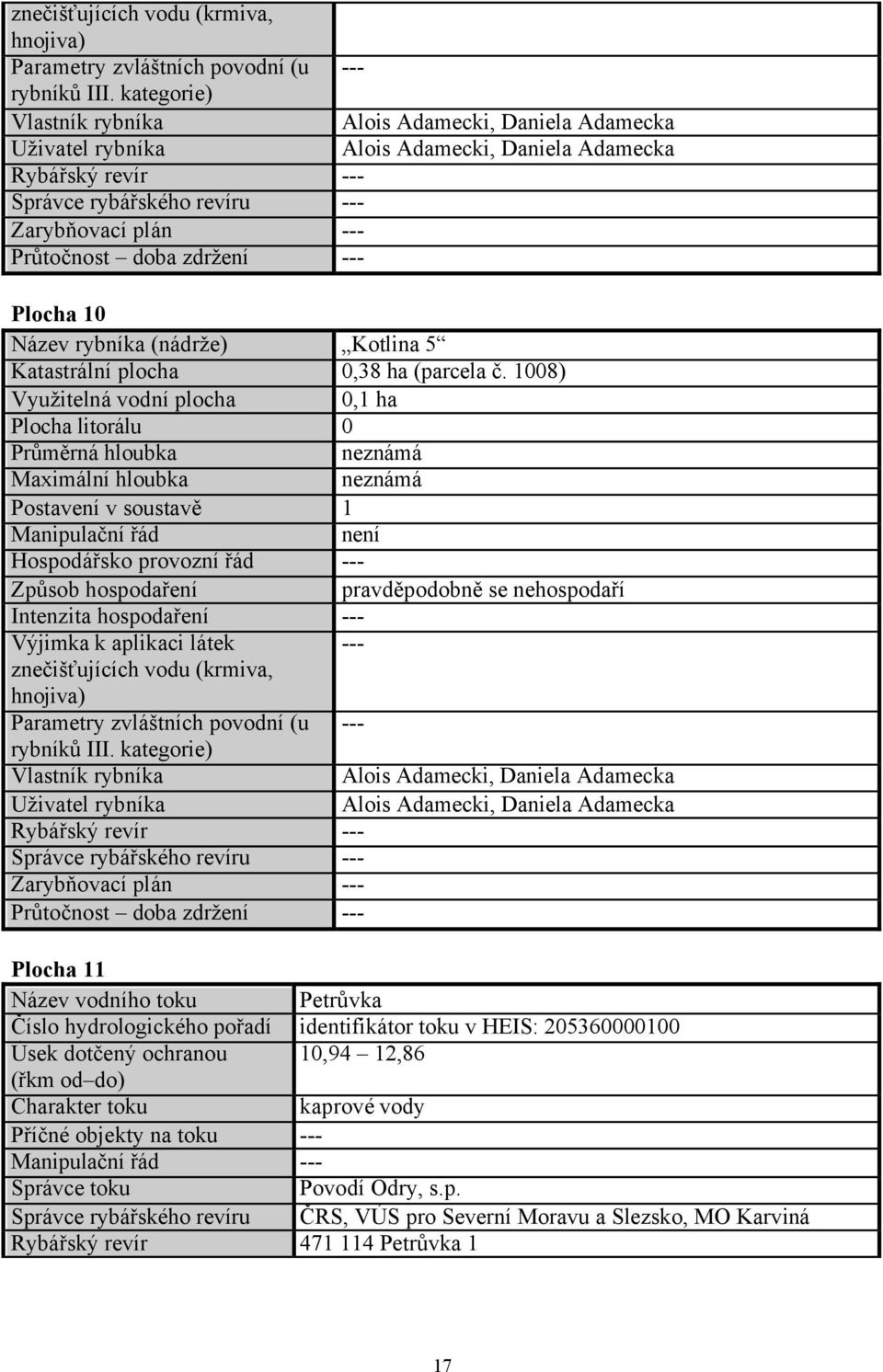Daniela Adamecka Plocha 10 Název rybníka (nádrže) Kotlina 5 Katastrální plocha 0,38 ha (parcela č.