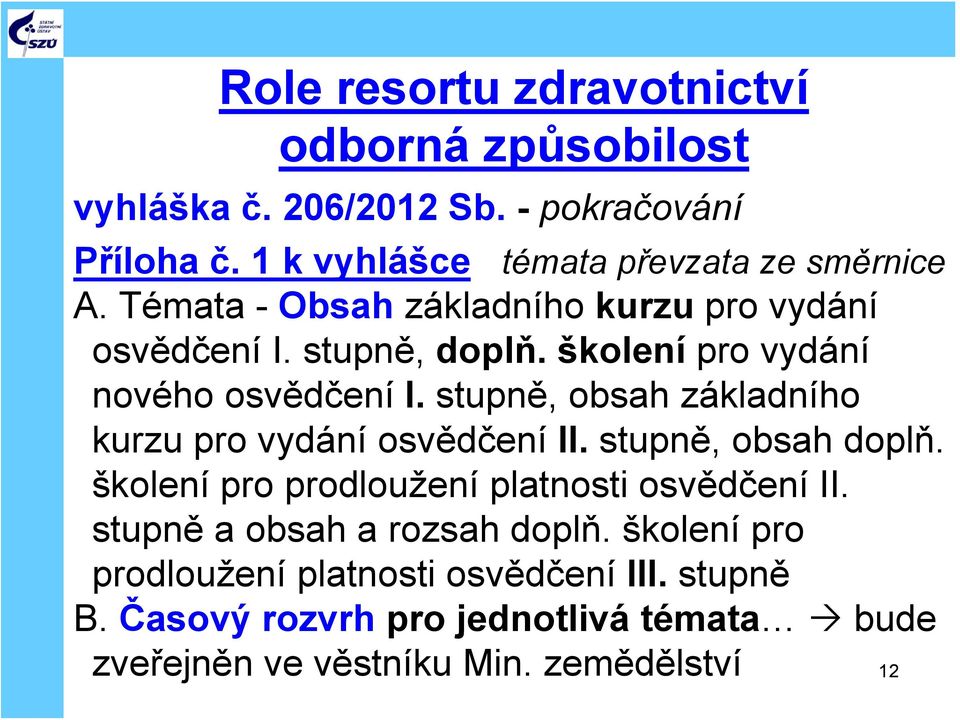 školení pro vydání nového osvědčení I. stupně, obsah základního kurzu pro vydání osvědčení II. stupně, obsah doplň.