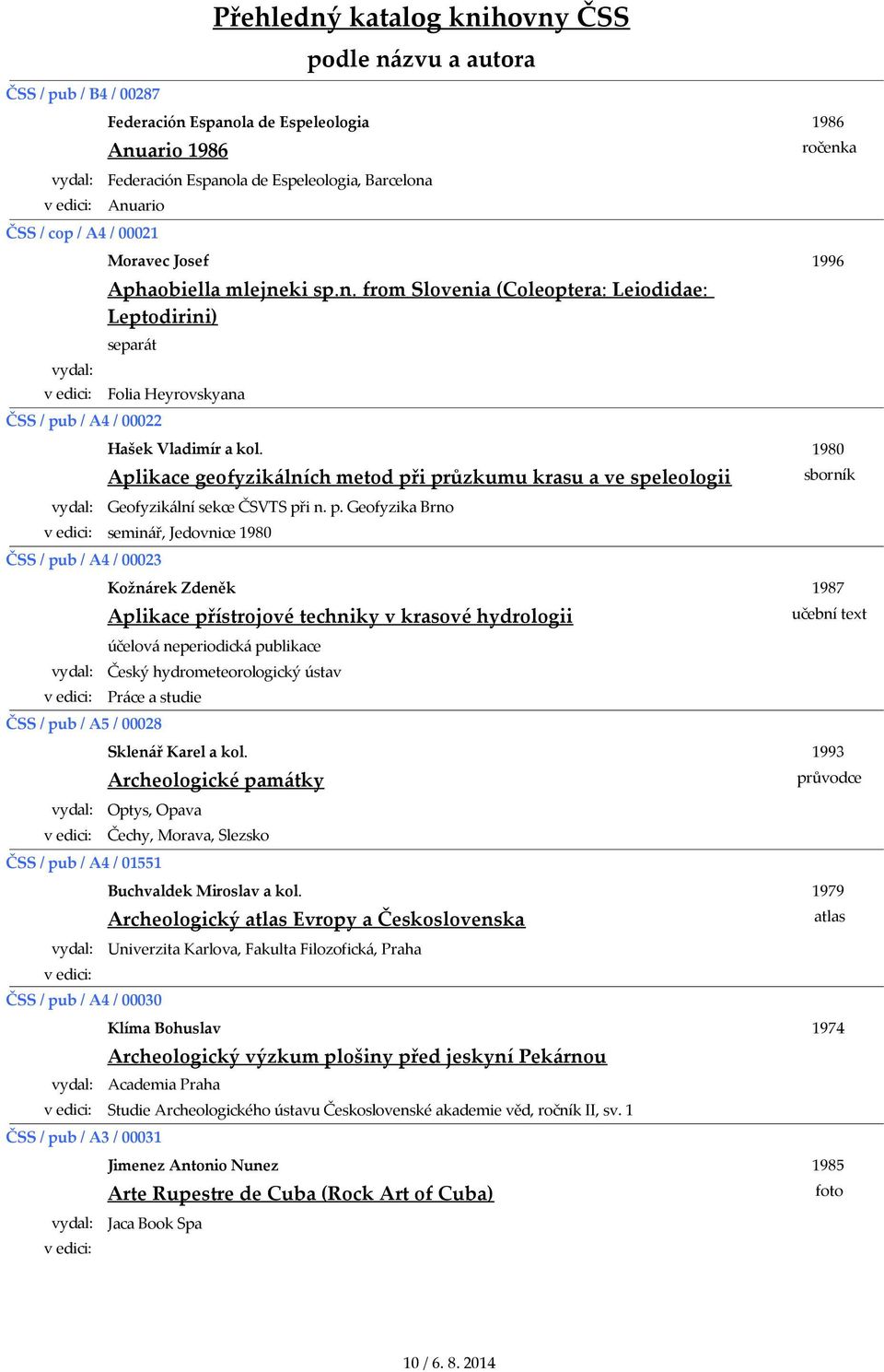 i průzkumu krasu a ve speleologii Geofyzikální sekce ČSVTS při n. p. Geofyzika Brno seminář, Jedovnice 1980 Kožnárek Zdeněk Aplikace přístrojové techniky v krasové hydrologii účelová neperiodická