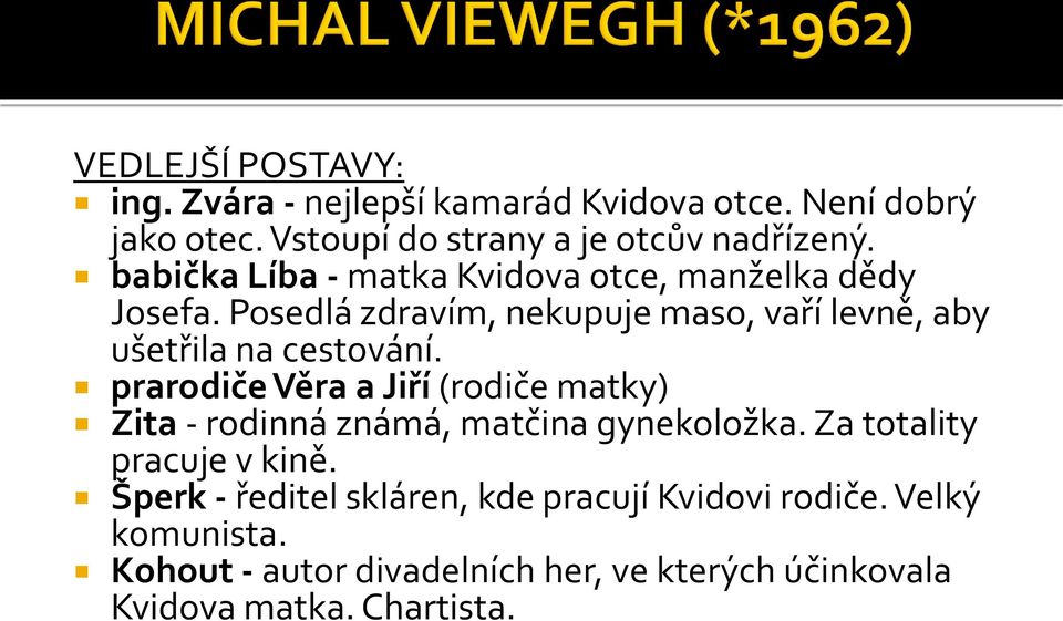 prarodiče Věra a Jiří (rodiče matky) Zita - rodinná známá, matčina gynekoložka. Za totality pracuje v kině.