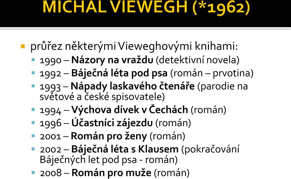 spisovatele) 1994 Výchova dívek v Čechách (román) 1996 Účastníci zájezdu (román) 2001 Román pro