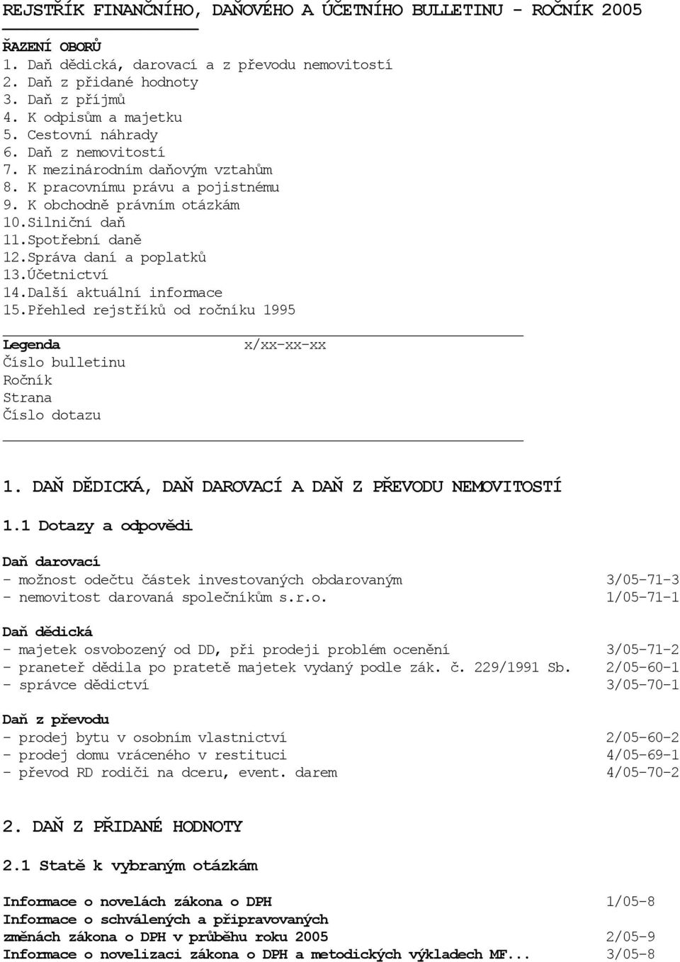 Účetnictví 14.Další aktuální informace 15.Přehled rejstříků od ročníku 1995 Legenda x/xx-xx-xx Číslo bulletinu Ročník Strana Číslo dotazu 1. DAŇ DĚDICKÁ, DAŇ DAROVACÍ A DAŇ Z PŘEVODU NEMOVITOSTÍ 1.
