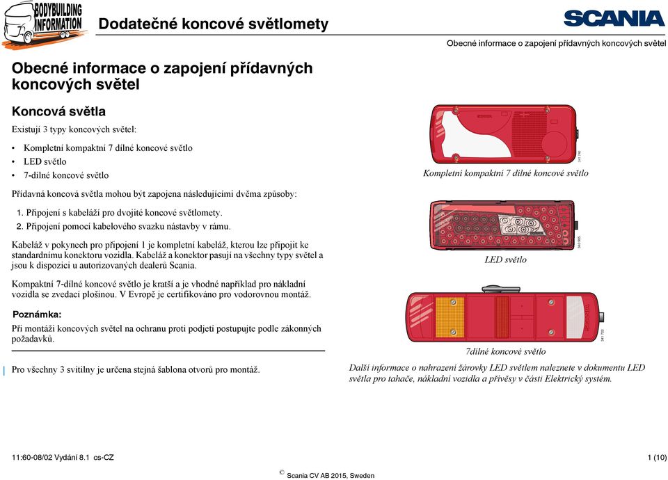 Připojení s kabeláží pro dvojité koncové světlomety. 2. Připojení pomocí kabelového svazku nástavby v rámu.