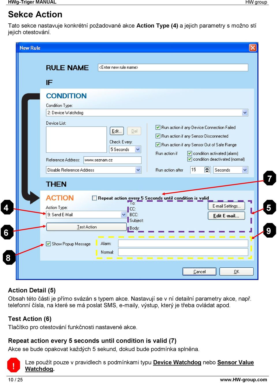 telefonní čísla, na které se má poslat SMS, e-maily, výstup, který je třeba ovládat apod. Test Action (6) Tlačítko pro otestování funkčnosti nastavené akce.