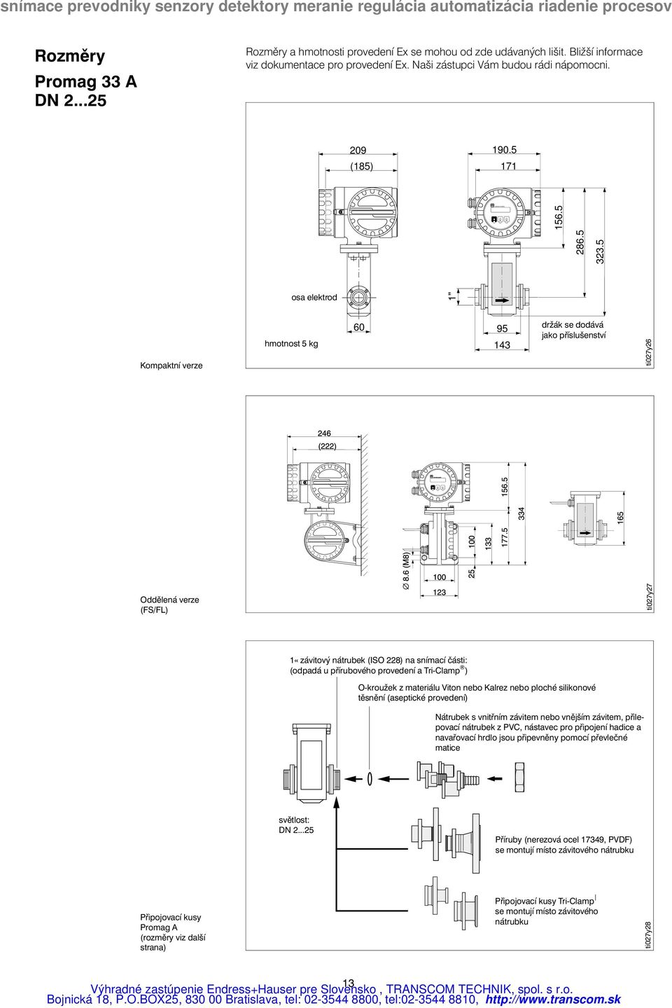 5 osa elektrod 1" Kompaktní verze hmotnost 5 kg 60 95 143 držák se dodává jako příslušenství ti027y26 Oddělená verze (FS/FL) ti027y27 1«závitový nátrubek (ISO 228) na snímací části: (odpadá u