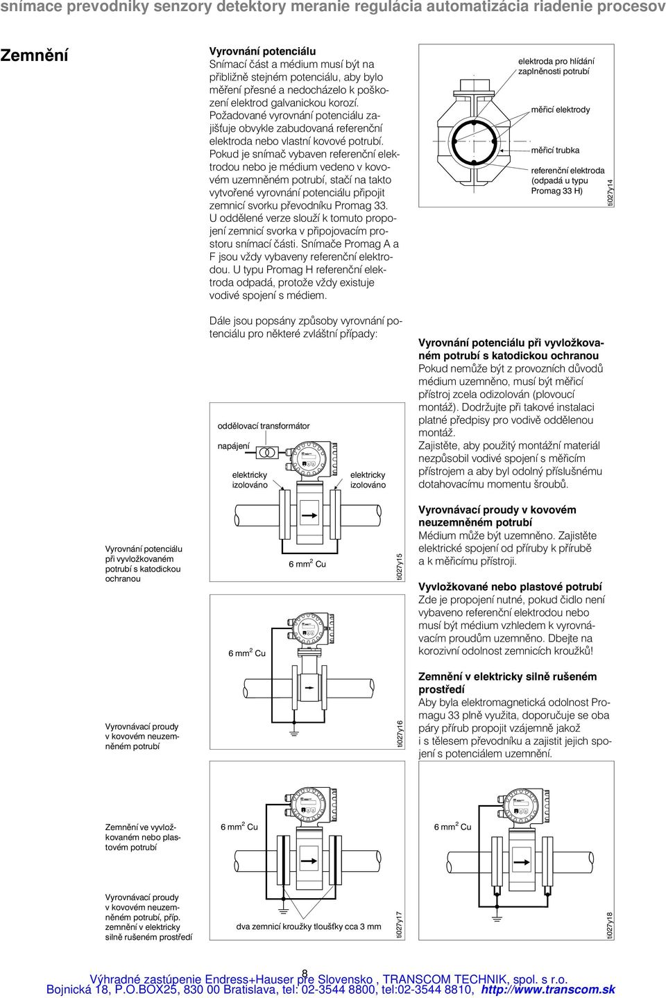 Pokud je snímač vybaven referenční elektrodou nebo je médium vedeno v kovovém uzemněném potrubí, stačí na takto vytvořené vyrovnání potenciálu připojit zemnicí svorku převodníku Promag 33.