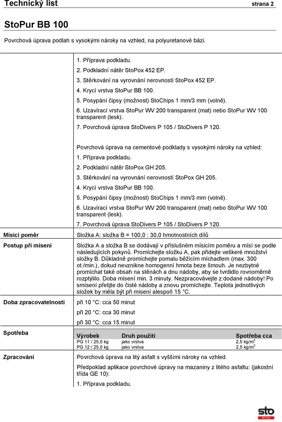 Mísicí poměr Postup při mísení Doba zpracovatelnosti Spotřeba Zpracování Povrchová úprava na cementové podklady s vysokými nároky na vzhled: 2. Podkladní nátěr StoPox GH 205. 3.
