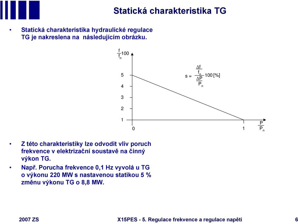 f f n 100 5 4 3 s = Δf f n ΔP P n 100 [%] 2 1 0 1 P P n Z této charakteristiky lze odvodit vliv poruch