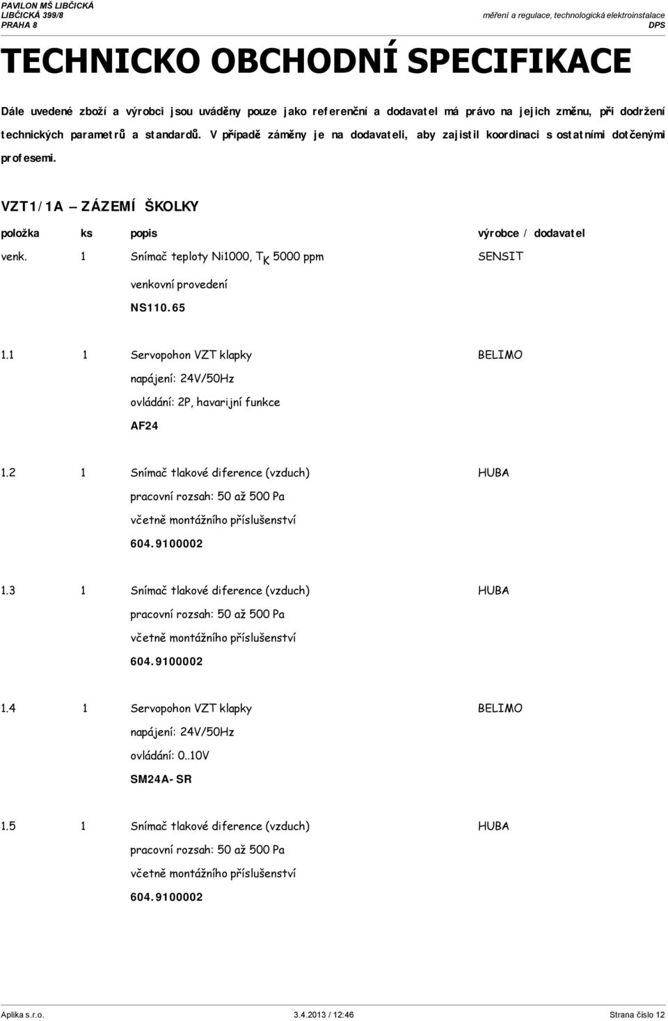 1 Snímač teploty Ni1000, T K 5000 ppm SENSIT venkovní provedení NS110.65 1.1 1 Servopohon VZT klapky BELIMO napájení: 24V/50Hz ovládání: 2P, havarijní funkce AF24 1.