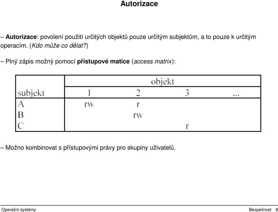 ) Plný zápis možný pomocí přístupové matice (access matrix): Možno