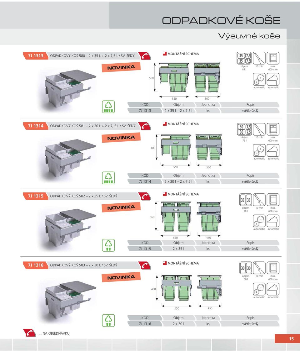 ŠEDÝ NOVINKA 30 30 75 l 10 min min. 600 mm 480 550 500 7J 1314 2 x 30 l + 2 x l 7J 1315 ODPADKOVÝ KOŠ 582 2 x 35 L / SV.