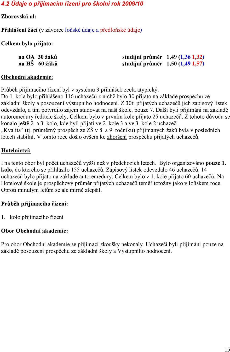 kola bylo přihlášeno 116 uchazečů z nichž bylo 30 přijato na základě prospěchu ze základní školy a posouzení výstupního hodnocení.