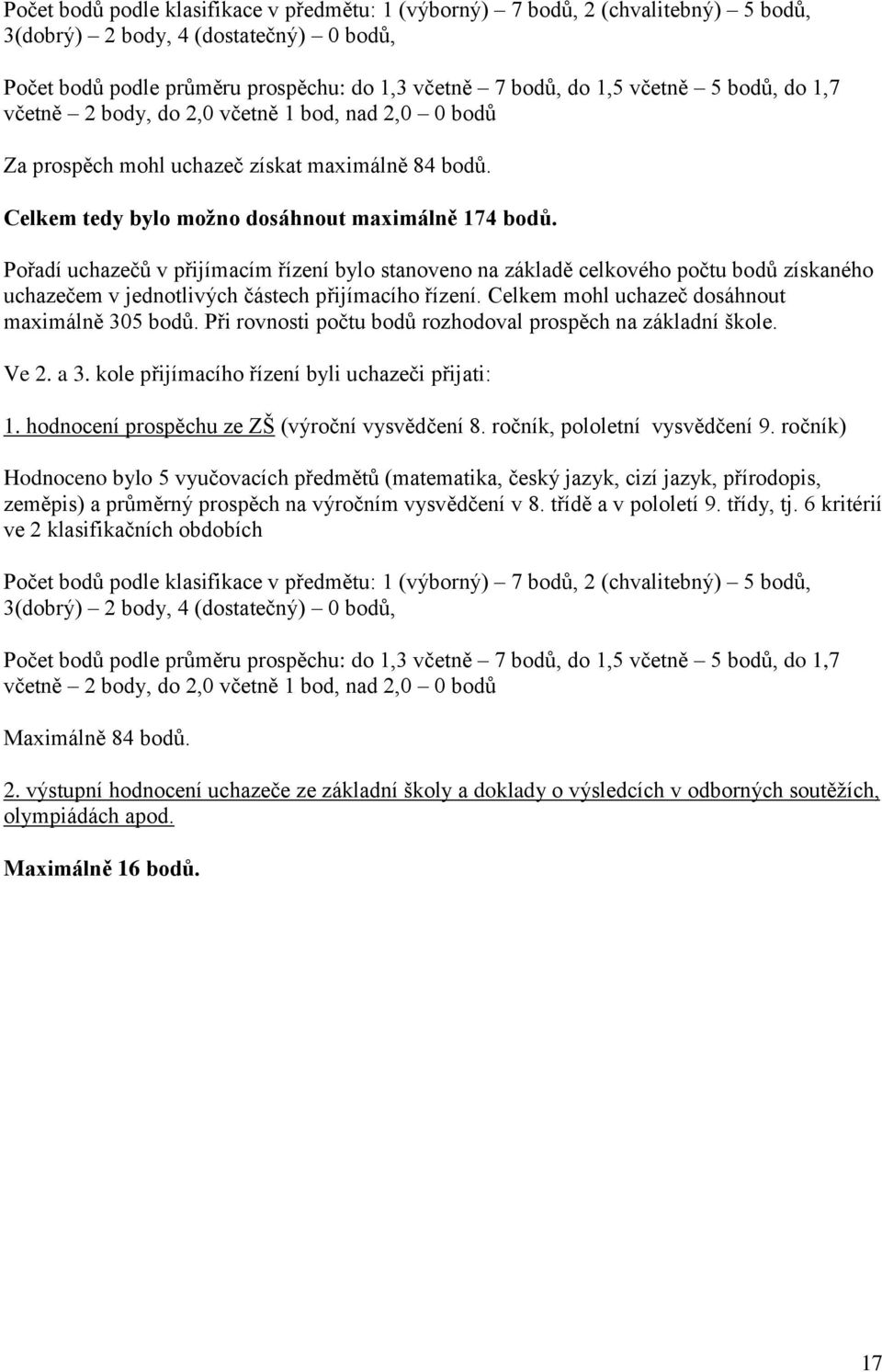 Pořadí uchazečů v přijímacím řízení bylo stanoveno na základě celkového počtu bodů získaného uchazečem v jednotlivých částech přijímacího řízení. Celkem mohl uchazeč dosáhnout maximálně 305 bodů.