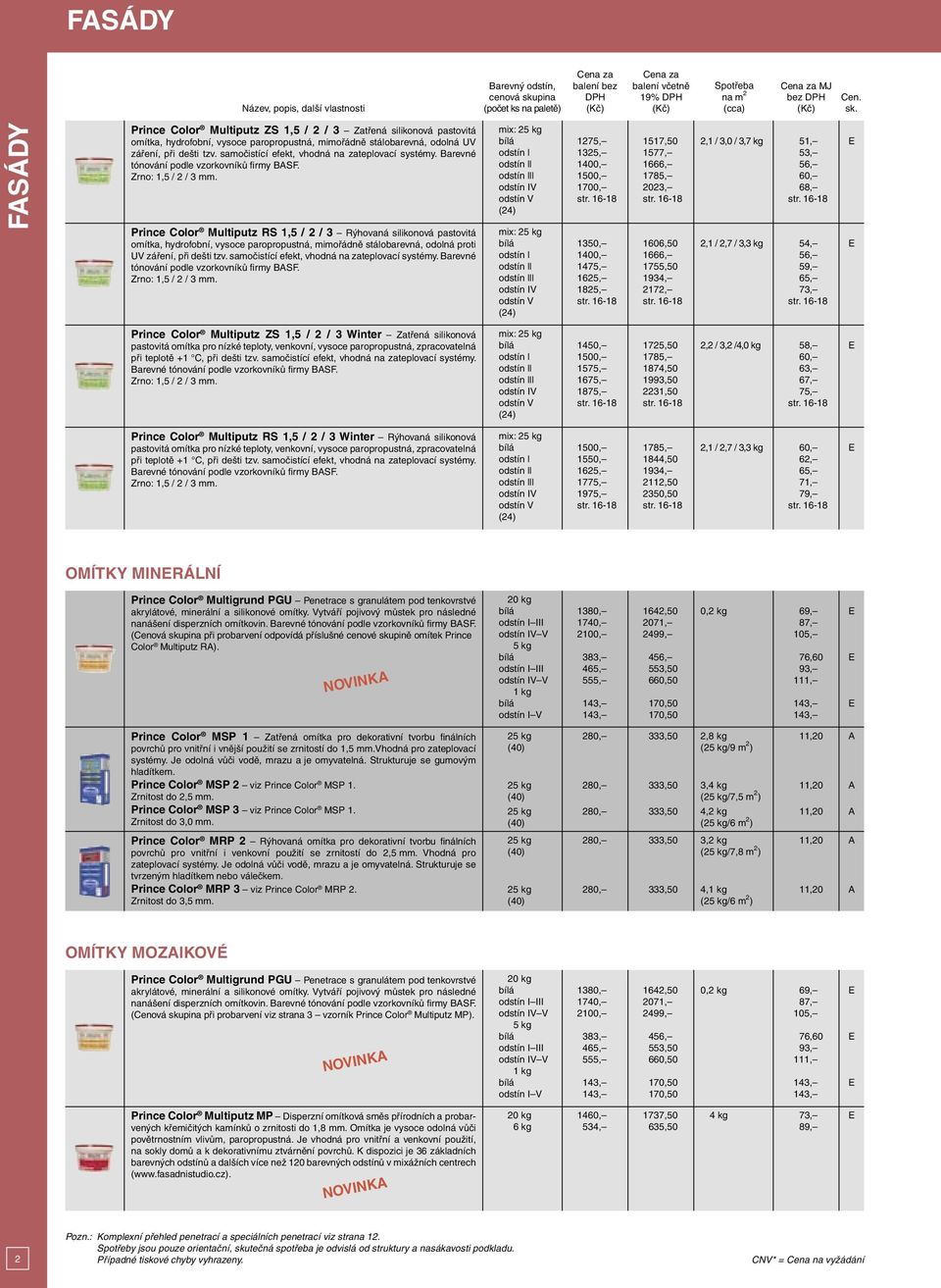 FSÁDY Prince Color Multiputz ZS 1,5 / 2 / 3 Zatřená silikonová pastovitá omítka, hydrofobní, vysoce paropropustná, mimořádně stálobarevná, odolná UV záření, při dešti tzv.